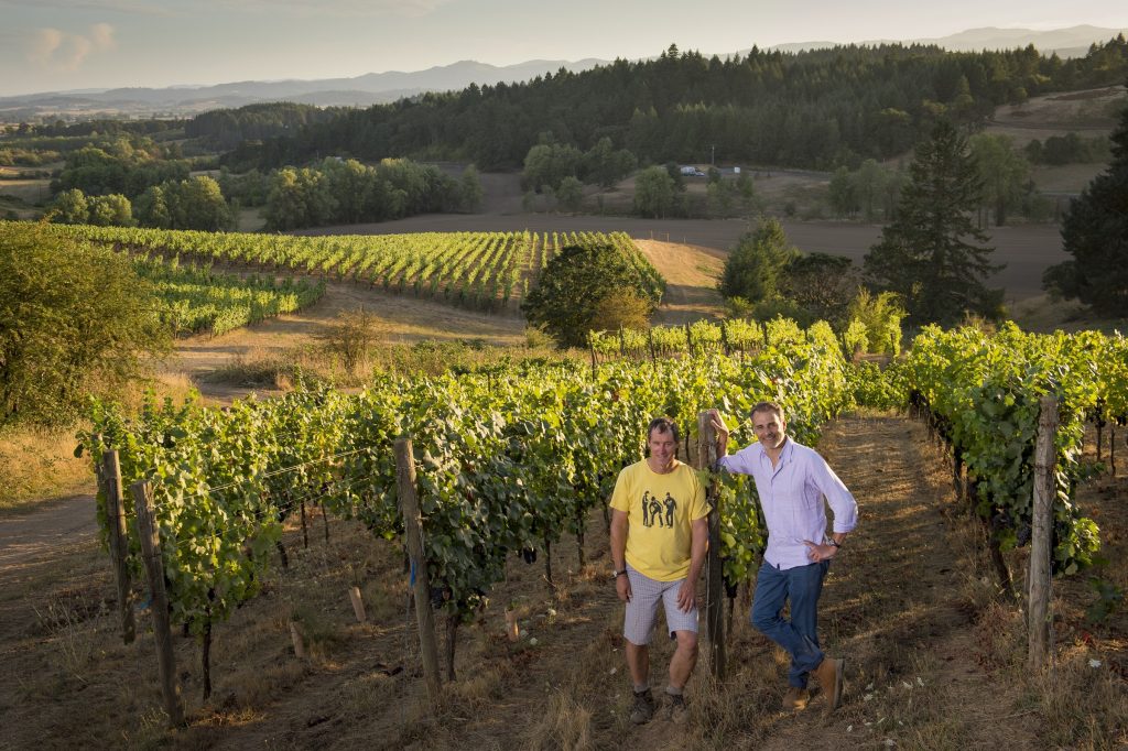 Jay Boberg, left, and Jean-Nicolas Méo at their Bishop Creek Vineyard. (Photo courtesy of Nicolas-Jay)